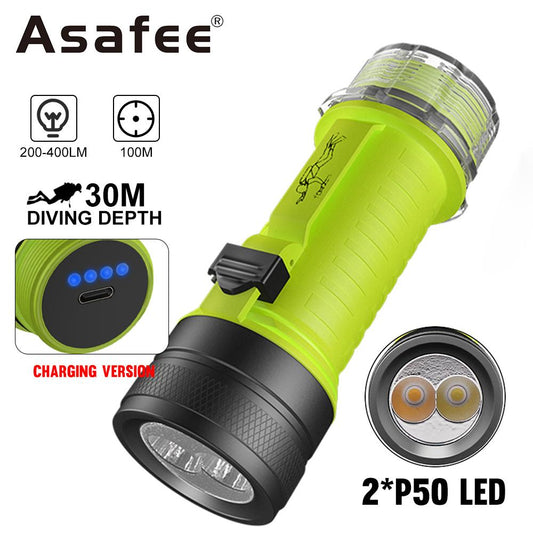 Asafee Super Bright D122-1 Diving Flashlight 2 * P50 LED Underwater scuba Pushing Magnetic Switch 18650/26650 battery Rechargeable IPX8 Waterproof Amphibious Flashlight