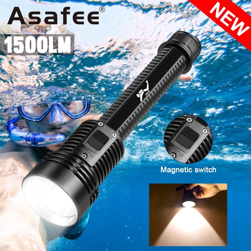 Asafee 1200-1500Lm D313 T40 Led Super Bright Diving Flashlight Scuba Can Focus Push Magnetic Switch Use 2X18650 Battery 3 Gear Switches Underwater 30Mipx8 Waterproof