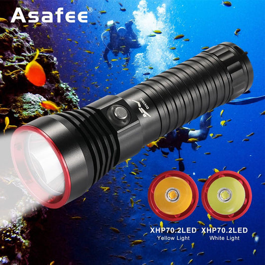 Asafee Diving Flashlight A17S Yellow White Light Xhp70.2 Led Central Waterproof Switch Beam Distance 300M Use 1X26650 Ipx-8 Fishing