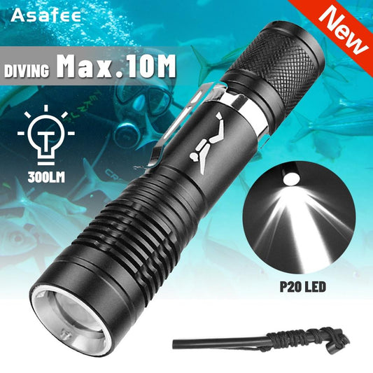 Asafee 300Lm P20 Led Diving Torch D135 Use18650 Battery Fixed Focus Can Be Within 10 Meters Compact And Portable Flashlight Ipx8 Waterproof