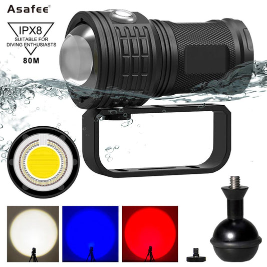 Asafee 6000LM DRC01 Super bright diving fill light photography light COB LED diving flashlight uses 4*18650 battery underwater 80M diving photography IPX8 waterproof