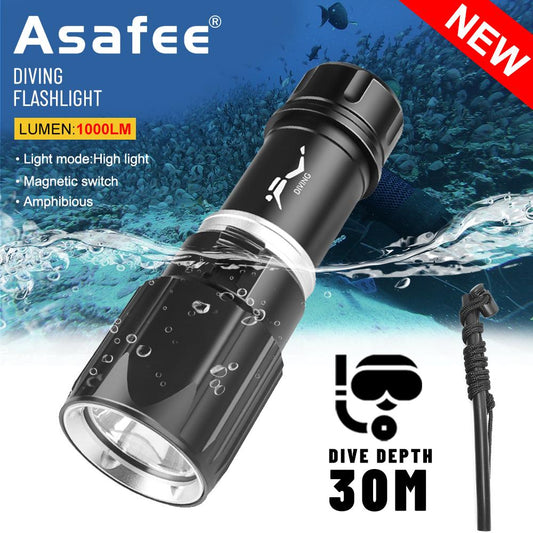 Ultra bright Asafee diving flashlight original D180 XHP70 LED scuba diving flashlight focus magnetic switch using 18650/26650 battery IPX8 waterproof underwater exploration light