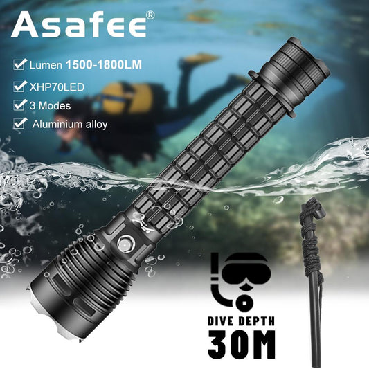 Asafee D815A 30M Underwater Diving Flashlight XHP70 LED Light 1800LM 200M Range Press Switch IPX8 Waterproof Scuba Torch