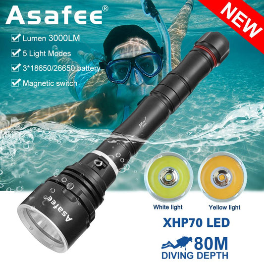 Asafee 3000LM DA33 ultra bright P70 LED diving flashlight scuba fishing underwater 80M using 18650/26650 batteries  multi gear magnetic control thrust switch IPX8 waterproof