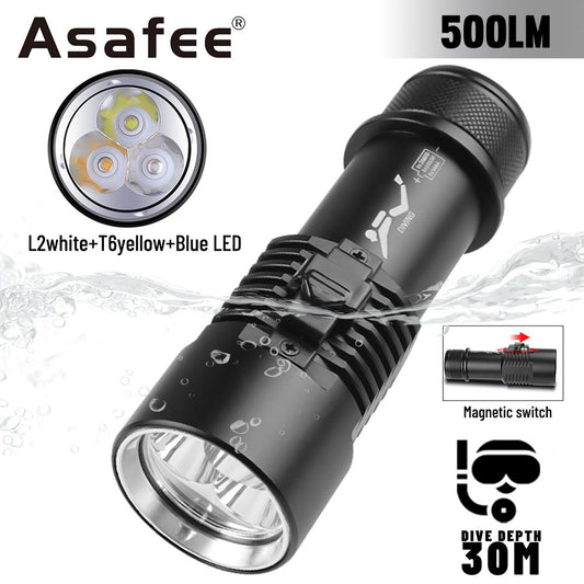 Asafee D220-3 Underwater scuba Super bright diving flashlight L2 whiteT6yellow blue LED Use18650/26650 battery 3-modes switch magnetic switch IPX4 waterproof underwater exploration