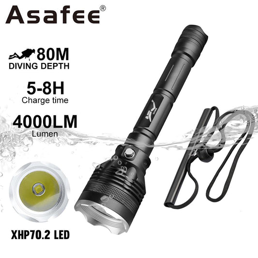 Asafee 4000LM FL027D XHP70.2 LED white light ultra bright diving flashlight scuba focusing uses 18650 battery 3 gear switch underwater 80M IPX8 waterproof