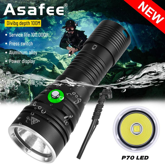 Super Bright Scuba Diving Flashlight DA15 P70 LED Asafee Underwater Floating Flashlight 5 light modes use18650/26650 Battery 2000LM Underwater 100M IPX8 Waterproof