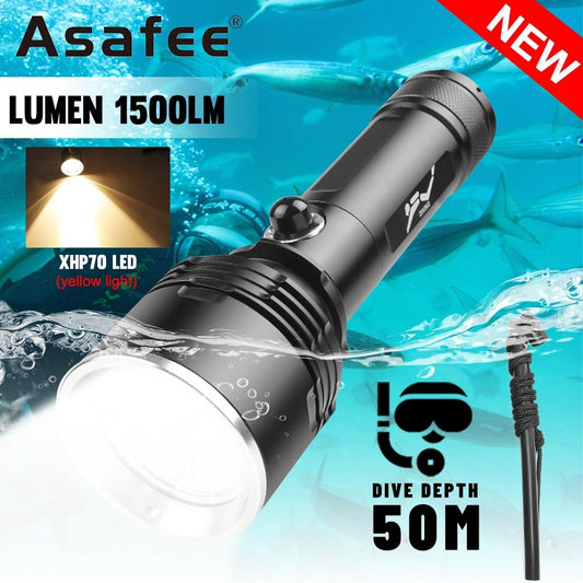 Asafee 1500Lm D617 Super Bright Xhp70Led Yellow Light Handheld Diving Torch Fixed Focus 3 Gears Press Switch Use 18650 26650 Battery Ipx8 Waterproof