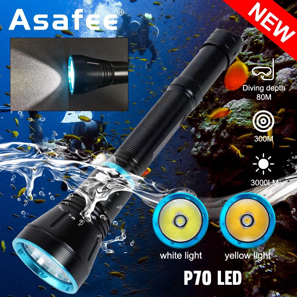 Asafee 8000LM A16PRO P70 LED Ultra Bright Light Diving Flashlight original Scuba fishing underwater 80M stepless dimming white/yellow light using 18650/26650 battery IPX8waterproof